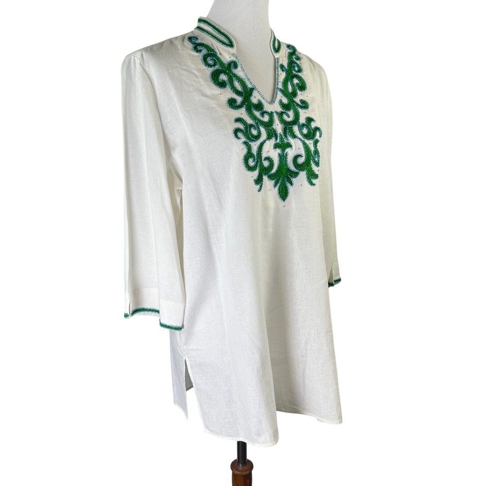 Chico's White Linen Blend Green Embroidered Beaded Tunic Top Womens 2 US L 12/14